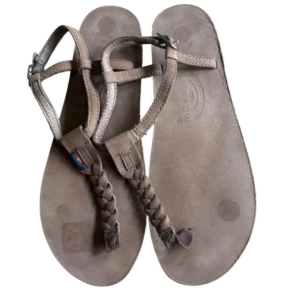 NWOT Rainbow T-Street Brwn Sandal Leather Braided Strap Thongs Wmns L; US7.5-8.5 - Picture 1 of 7